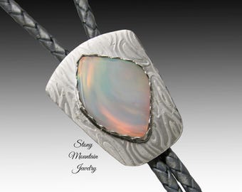 Designer Bolo Tie, Unique Custom Wedding Bolo Tie, Handcrafted Aurora Opal Bolo Tie for Men or Women, One of a Kind Sterling Silver Bolo Tie