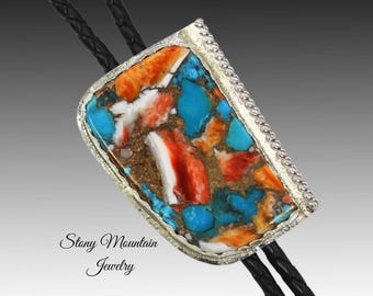 Spiny Oyster & Kingman Turquoise Bolo Tie for Men or Women, Large Custom Wedding Bolo Tie, Handcrafted Sterling Silver Western Bolo Ties