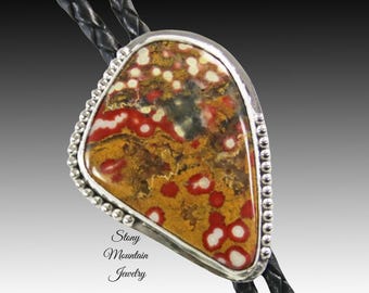 Unique Handcrafted Bolo Tie, Rare Poppy Jasper Bolo Tie for Men or Women, Custom Wedding Bolo Tie, Sterling Silver Bolo Ties, Gift For Dad