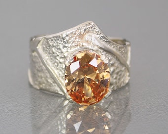 Genuine Citrine Ring, Unique Modern Golden Citrine Ring, Artistic Elegant Sterling Silver & Gold Cocktail Ring
