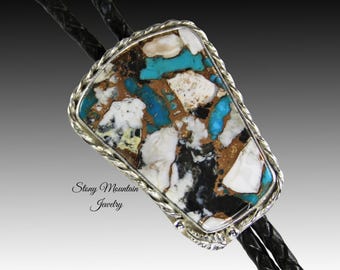 White Buffalo & Turquoise Bolo Tie, Custom Handcrafted Wedding Bolo Tie, Kingman Turquoise/White Buffalo Matrix Bolo Tie