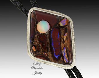 Australian Opal Bolo Tie, Custom Handcrafted Wedding Bolo Tie, Modern Sterling Silver Boulder Opal Designer Bolo Tie for Men or Women
