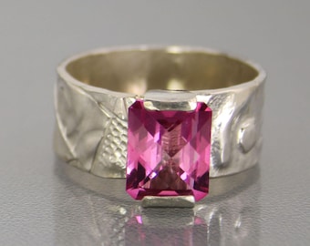 Pink Topaz Ring, Modern Sculptural 4ct Pink Topaz Designer Ring, Contemporary Handmade Anniversary Gift for Her, Unique Wide Ring size 9.5