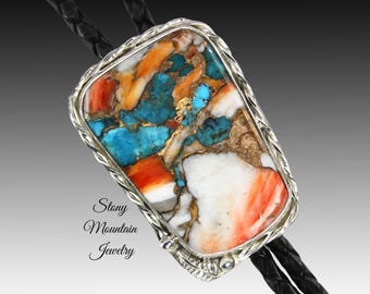 Custom Handcrafted Wedding Bolo Tie with Kingman Turquoise & Spiny Oyster, Sterling Silver Western Gift, The Feather Collection