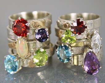 Mixed Metal Rings, Blue Topaz Ring, Peridot Ring, Amethyst Ring, Garnet Ring, Fire Opal Ring, CZ Ring, Textured Silver Bands with 14kt Gold