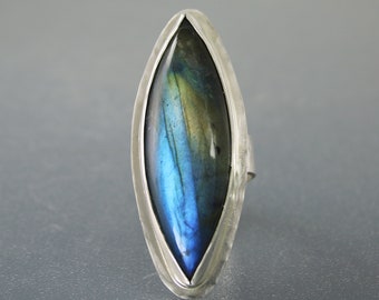 Big Labradorite Ring, Unique Contemporary Flashy Blue Labradorite Cocktail Ring, Modern Adjustable Sterling Silver Ring, Boho Gift for Her