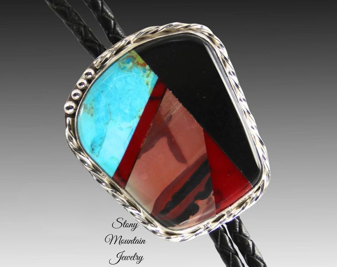 Featured listing image: Custom Inlay Bolo Tie, Designer Bolo Tie with Paint Jasper, Turquoise & Black Jade, One of a Kind Wedding Bolo Tie, Fathers Day Gift