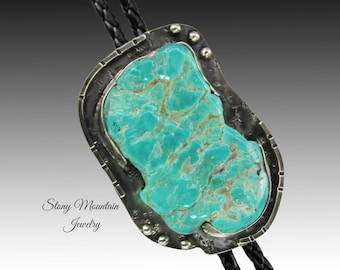 Large Turquoise Nugget Bolo Tie, Handcrafted Designer Bolo Tie, One of a Kind Custom Sterling Silver Wedding Bolo Tie for Men & Women