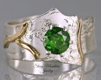Genuine Chrome Diopside Ring, Unique Modern Mixed Metal Diopside Ring, Artistic Elegant Silver & Gold Cocktail Ring
