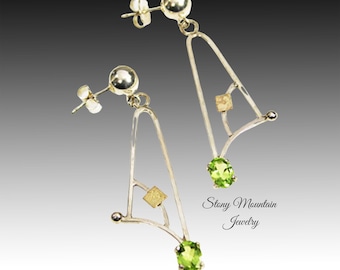 Designer Earrings,  Mixed Metal Modern Peridot Earrings, Contemporary Jewelry, Artisan Cocktail Earrings, Handmade Statement Earrings