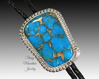 Mohave Blue Turquoise Bolo Tie, Custom Handcrafted Wedding Bolo Tie, Kingman Turquoise Matrix Stone Bolo Tie for Men or Women