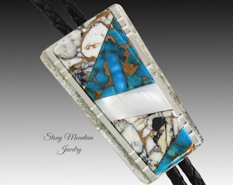 Turquoise Inlay Bolo Tie, Custom Designer Bolo Tie with White Buffalo Matrix, Kingman Turquoise & Pearl, One of a Kind Wedding Bolo Tie