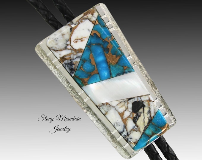 Featured listing image: Turquoise Inlay Bolo Tie, Custom Designer Bolo Tie with White Buffalo Matrix, Kingman Turquoise & Pearl, One of a Kind Wedding Bolo Tie