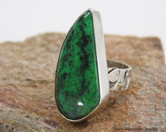 Handmade Big Stone Ring, Modern One of a Kind Rare Green Grossular Garnet Cocktail Ring, Contemporary Wide Band Sterling Silver Ring