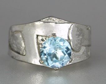 Genuine Blue Topaz Ring, Contemporary Sterling Silver Blue Topaz Designer Ring