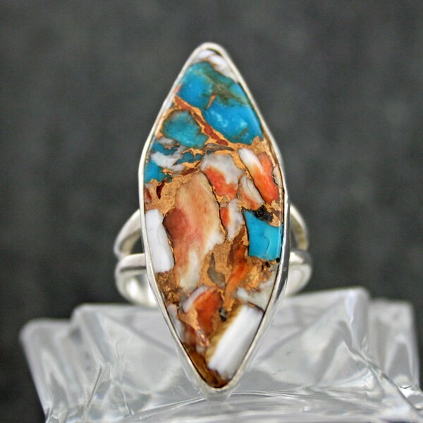 Kingman Turquoise Spiny Oyster Bronze Matrix Artisan Ring,  Large Gemstone Cabochon Ring, Orange Stone Ring, Ran Armstrong Fine Art Jewelry,