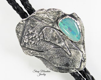 Sterling Silver Bolo Tie, Unique Sculptural Wedding Bolo Tie, Modern Custom Boulder Opal Bolo Tie for Men & Women