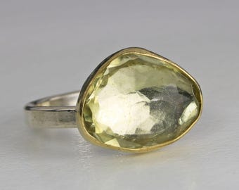 Rose Cut Yellow Quartz Ring, One of a Kind Elegant Rose Cut Quartz Ring, Unique Mixed Metal  Yellow Quartz Cocktail Ring Size 6.25