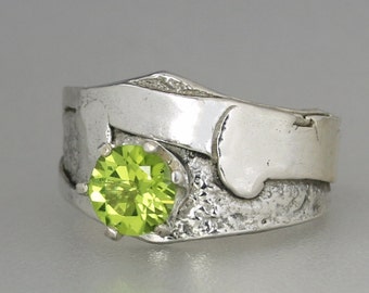 Genuine Peridot Ring, Handmade One of a Kind Textured Sterling Silver Ring, Contemporary Wide Band Designer Peridot Ring