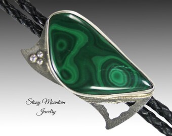 Unique Custom Wedding Bolo Tie, One of a Kind Handcrafted Malachite Designer Bolo Tie, Sterling Silver Bolo Tie Gift for Men or Women