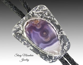 Unique Sterling Silver Wedding Bolo Tie, Handcrafted Custom Agua Nueva Agate Bolo Tie for Men or Women, Fathers Day Gift, Fathers Day Gift