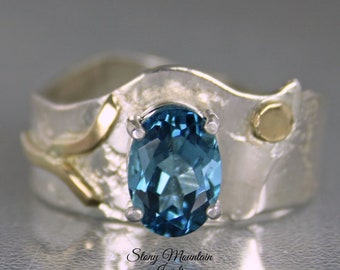 Genuine London Blue Topaz  Ring, Unique Modern Mixed Metal London Topaz Ring, Artistic Elegant Silver & Gold Cocktail Ring