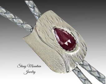 Fancy Designer Bolo Tie, Small Modern Sterling Silver Rose Cut Ruby Bolo Tie, One of a Kind Unique Sculptural Wedding Bolo Tie