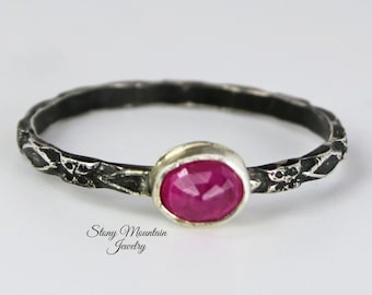 Rose Cut Ruby Ring, Sterling Silver Stacking Ring, Solitaire Rings, Ruby Wedding Ring, Engagment Ring, Promise Ring, Gift for Her Size 8 1/4