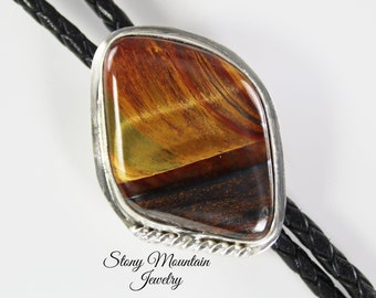 Custom Handmade Bolo Tie, Marra Mamba Tiger Eye Wedding Bolo Tie, Unique Sterling Silver Bolo Tie for Men or Women, Western Bolo Tie