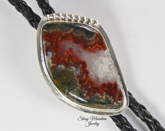 Designer Bolo Tie One of a Kind Custom Handmade Moroccan Seam Agate Bolo Tie, Sterling Silver Wedding Bolo Tie, Western Bolo Ties