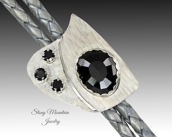 Fancy Designer Bolo Tie, One of a Kind Unique Sculptural Wedding Bolo Tie, Small Modern Black Spinel & Sterling Silver Bolo Tie