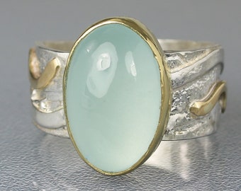 Genuine Aquamarine Ring, Unique Mixed Metal Aquamarine Ring, Contemporary Natural Aquamarine Cocktail Ring, Sterling Silver & 14kt Gold