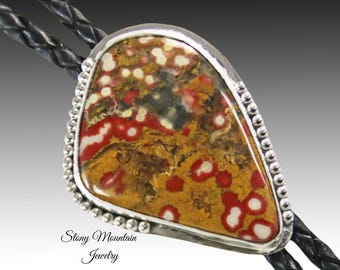 Unique Handcrafted Bolo Tie, Rare Poppy Jasper Bolo Tie for Men or Women, Custom Wedding Bolo Tie, Sterling Silver Bolo Ties, Gift For Dad