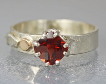 Genuine Red Garnet Ring, Contermporary Mixed Metal Garnet Ring, Red Gemstone Designer Ring