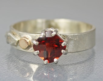 Genuine Red Ring, Modern Mixed Metal Garnet Designer Ring, Contemporary Handmade Anniversary Gift for Her, Unique Wedding Ring