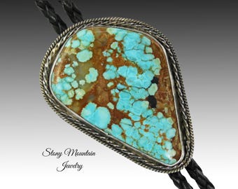 One of a Kind Turquoise Bolo Tie Large Nevada Number 8 Mine Turquoise Designer Bolo Ties for Men & Women, Hamdmade Custom Wedding Bolo Tie