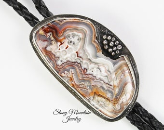 Agate Bolo Tie Custom Handmade Bolo Tie for Men or Women, Sterling Silver Wedding Bolo Tie, Crazy Lace Agate Bolo Tie, Western Bolo Ties