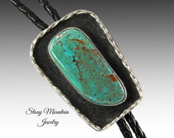 Blue Heron Turquoise Bolo Tie, Unique Wedding Bolo Tie, Modern Handcrafted Sterling Silver Designer Bolo Ties for Men & Women, Western Tie