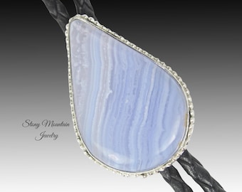 Blue Lace Agate Bolo Tie Handcrafted Sterling Silver Bolo Tie for Men or Women, Custom Wedding Bolo Tie, Unique Western Bolo Tie