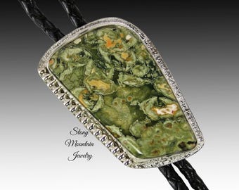 Unique Handcrafted Bolo Tie, Rain Forest Jasper Stone Bolo Tie for Men or Women, Custom Sterling Silver Wedding Bolo Ties