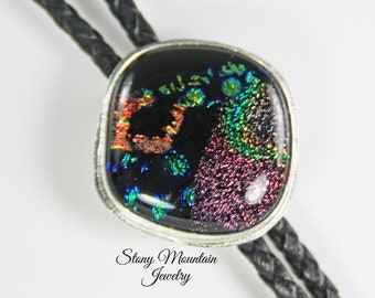 One of a Kind Designer Bolo Tie, Unique Handmade Fused Glass Bolo Tie for Men or Women, Custom Sterling Silver Wedding Bolo Ties