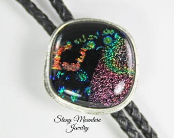 One of a Kind Designer Bolo Tie, Unique Handcrafted Fused Glass Bolo Tie for Men or Women, Custom Sterling Silver Wedding Bolo Ties