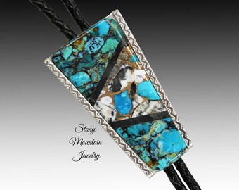 Turquoise Inlay Bolo Tie, Custom Designer Bolo Tie with Mohave Blue Turquoise, White Buffalo Matrix & Black Jade, Unique Wedding Bolo Tie