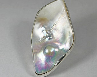 Large Pearl Ring, Big Contemporary Tennessee River Pearl Cocktail Ring, Modern Handmade Wide Sterling Silver Fresh Water Pearl Designer Ring