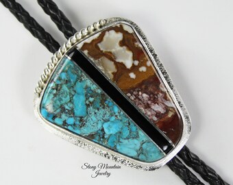 Turquoise Inlay Bolo Tie with Wild Horse Magnesite & Black Agate, Unique Custom Wedding Bolo Ties, One of a Kind Handmade Designer Bolo Tie