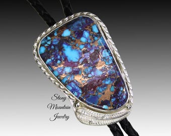 Mohave Purple Turquoise Bolo Tie in Sterling Silver, Modern Western Wedding Bolo Tie, Custom Designed, The Feather Collection