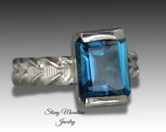 London Blue Topaz Ring, Modern Sterling Silver Topaz Designer Ring, Contemporary Handmade Anniversary Gift for Her, Unique Wedding Ring