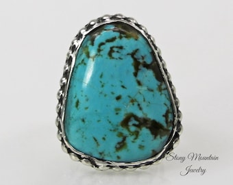 Kingman Turquoise Ring, Large Handmade Modern Sterling Silver Wide Band Turquoise Statement Ring