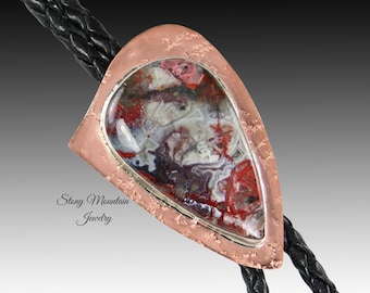 Handcrafted Custom Bolo Tie, Unique Copper & Sterling Silver Wedding Bolo Tie, Crazy Lace Agate Tie for Men or Women, Gift For Dad