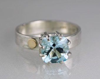 Blue Topaz Ring, Modern Mixed Metal Blue Topaz Designer Ring, Contemporary Handmade Anniversary Gift for Her, Unique Wedding Ring